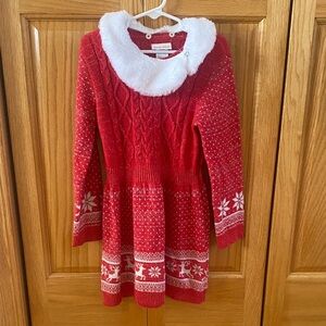 Red Knit Kids Dress with White Fur Collar